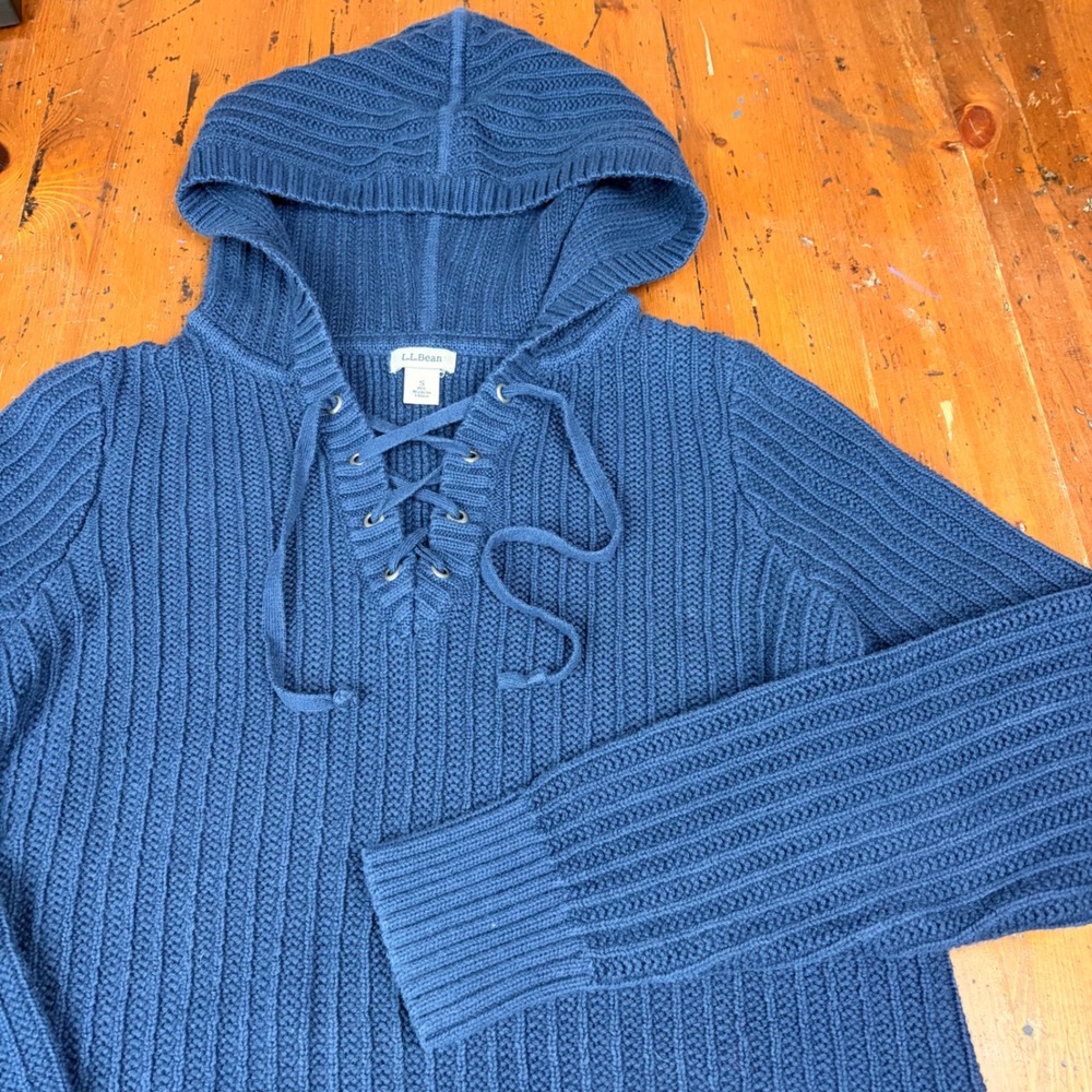 LL Bean Womens S Blue Chunky Ribbed Cotton Lace Up‎ Hooded Sweater Navy Pullover
